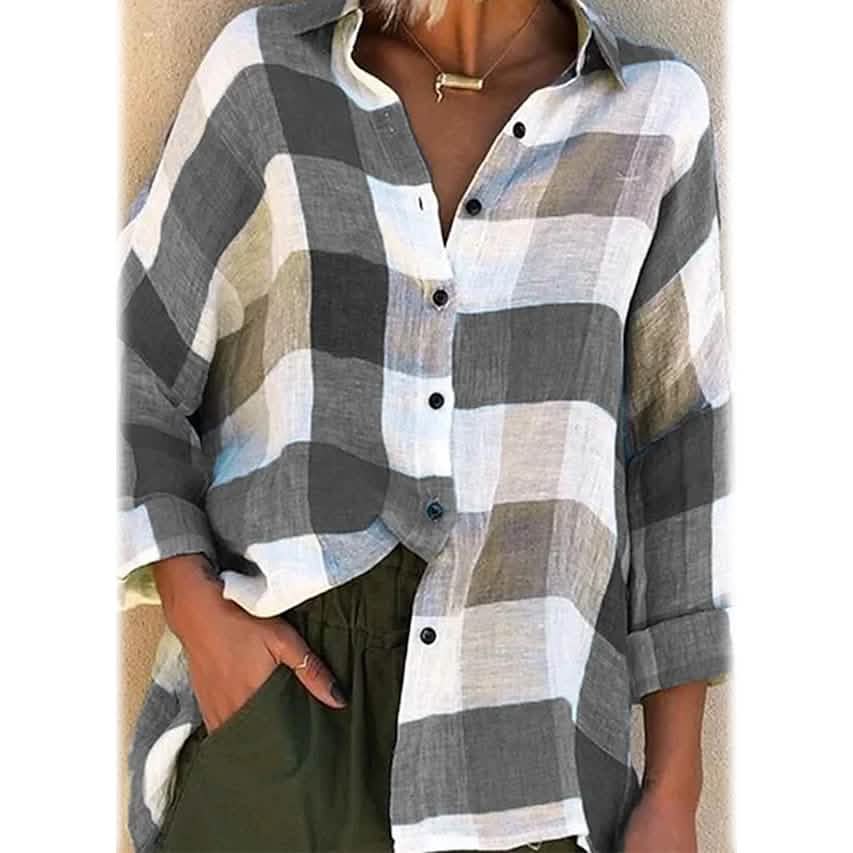 Women's Basic Loose Checkered Long Sleeve Shirt
