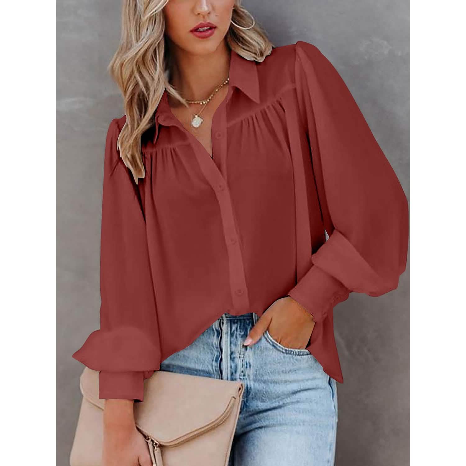 Womens Blouse Shirt Plain Button Long Sleeve