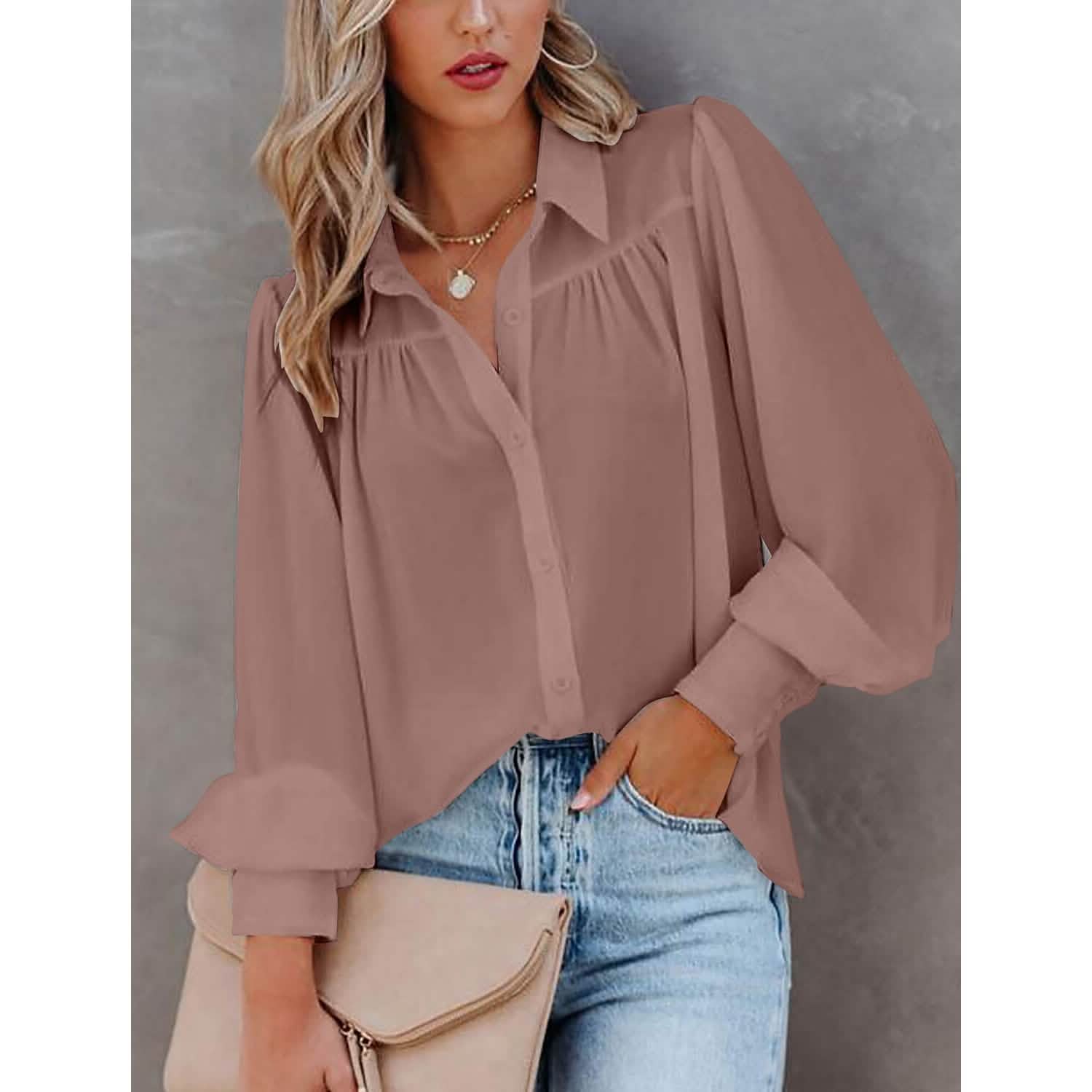 Womens Blouse Shirt Plain Button Long Sleeve