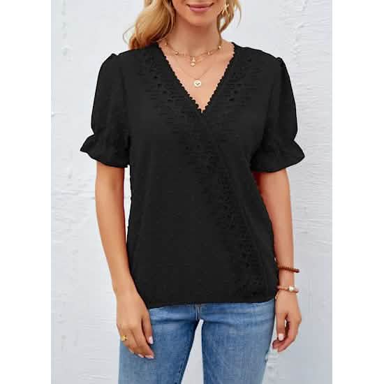 Women's Casual Lace Pom Pom V Neck Chiffon Short Sleeve Top