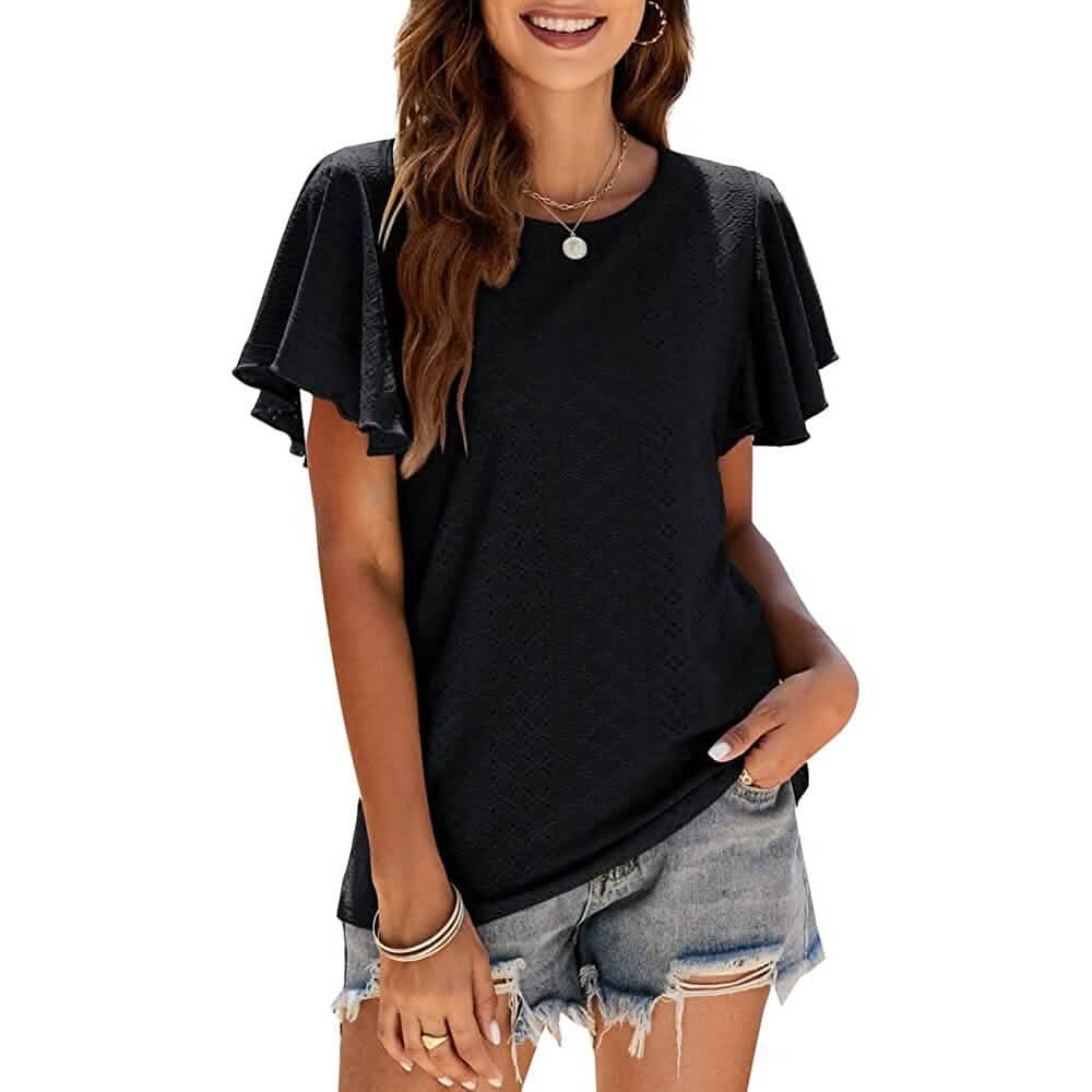 Womens Casual T-Shirts Summer Crew Neck Ruffle Sleeve Tees Tunic Tops