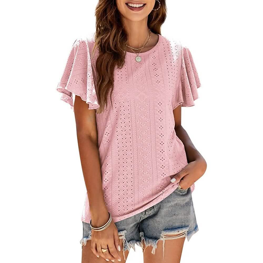 Womens Casual T-Shirts Summer Crew Neck Ruffle Sleeve Tees Tunic Tops