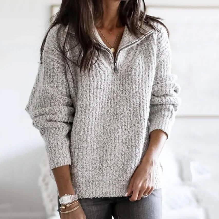 Women's Pullover Sweater Zipper Solid Color Basic Casual Long Sleeve Sweater Cardigans