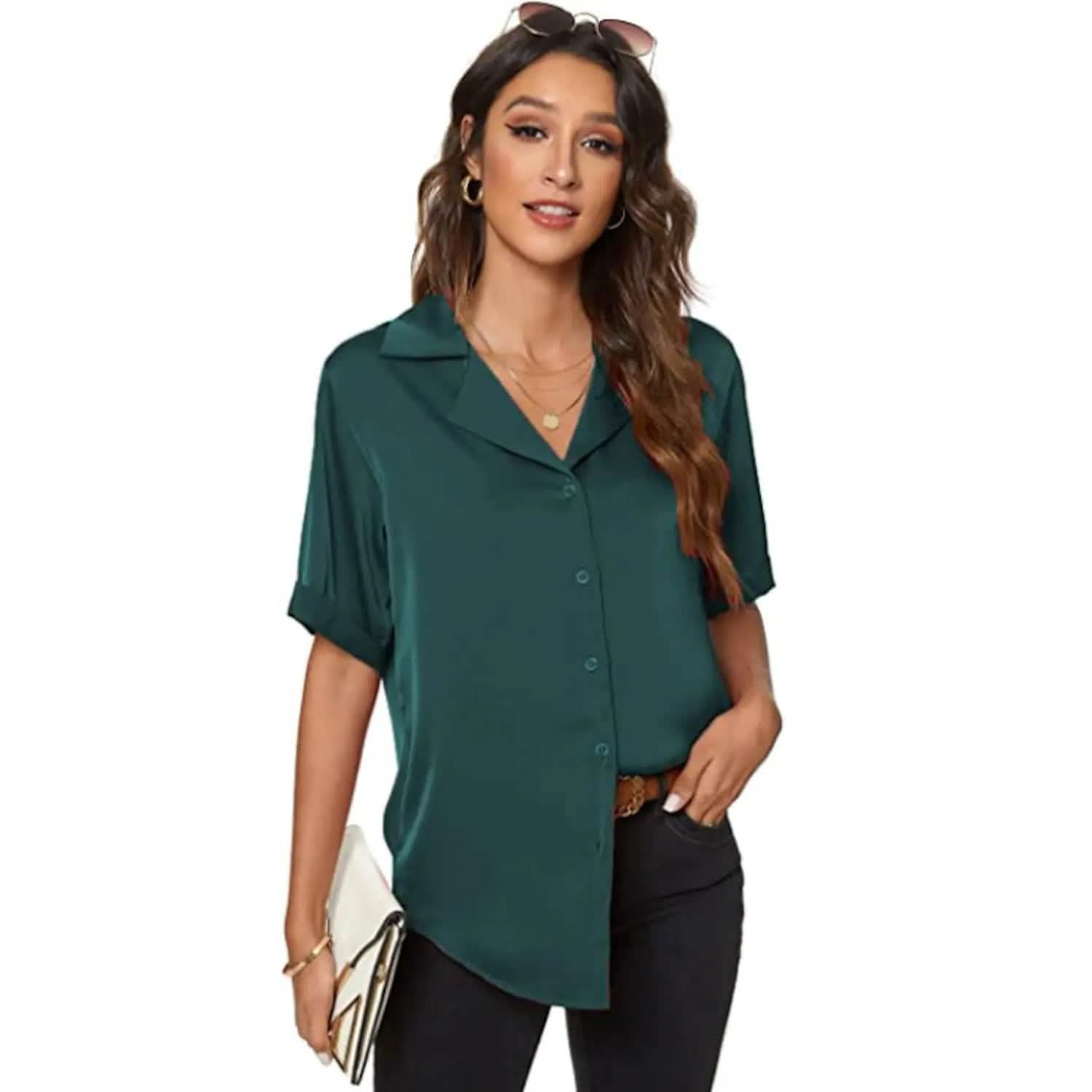 Women's Short Sleeve Casual Satin Button Down Shirt