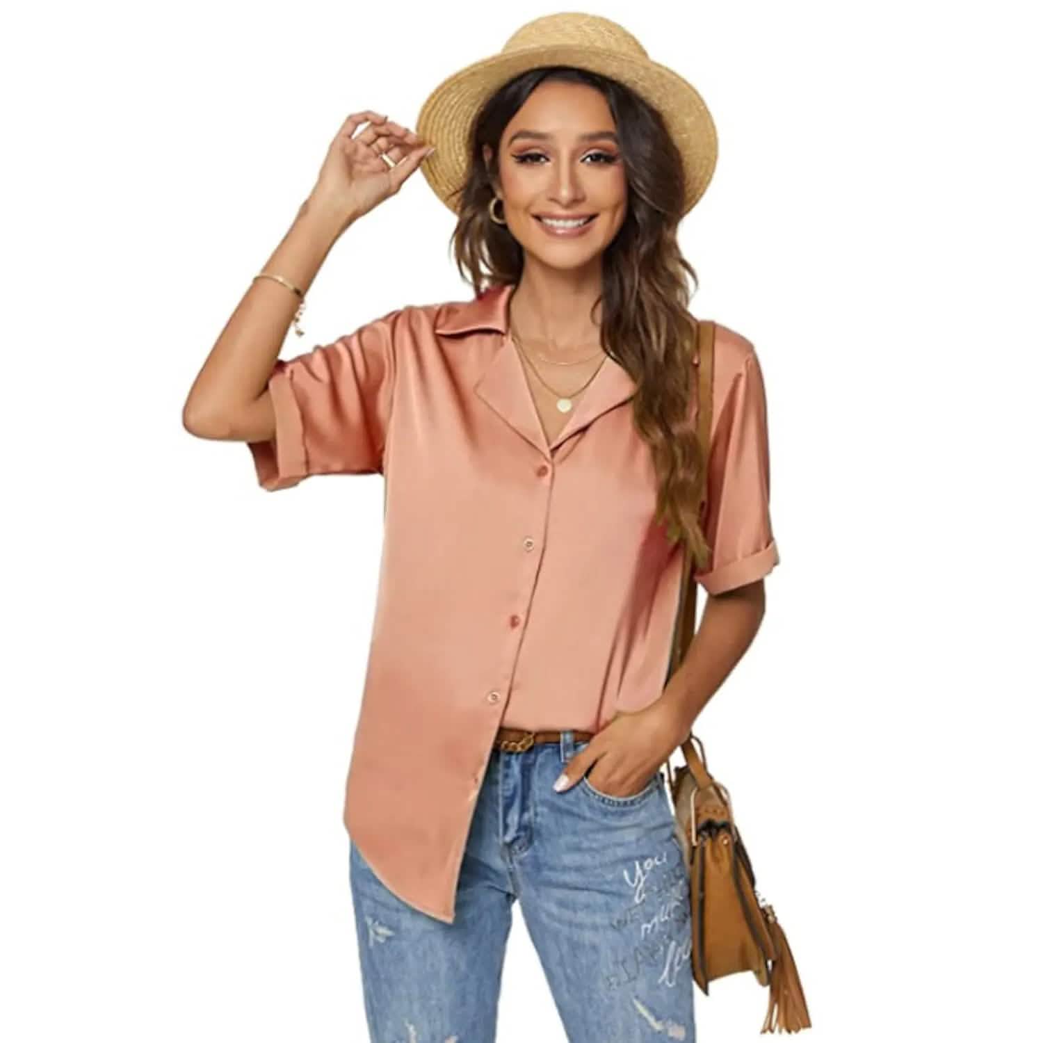 Women's Short Sleeve Casual Satin Button Down Shirt